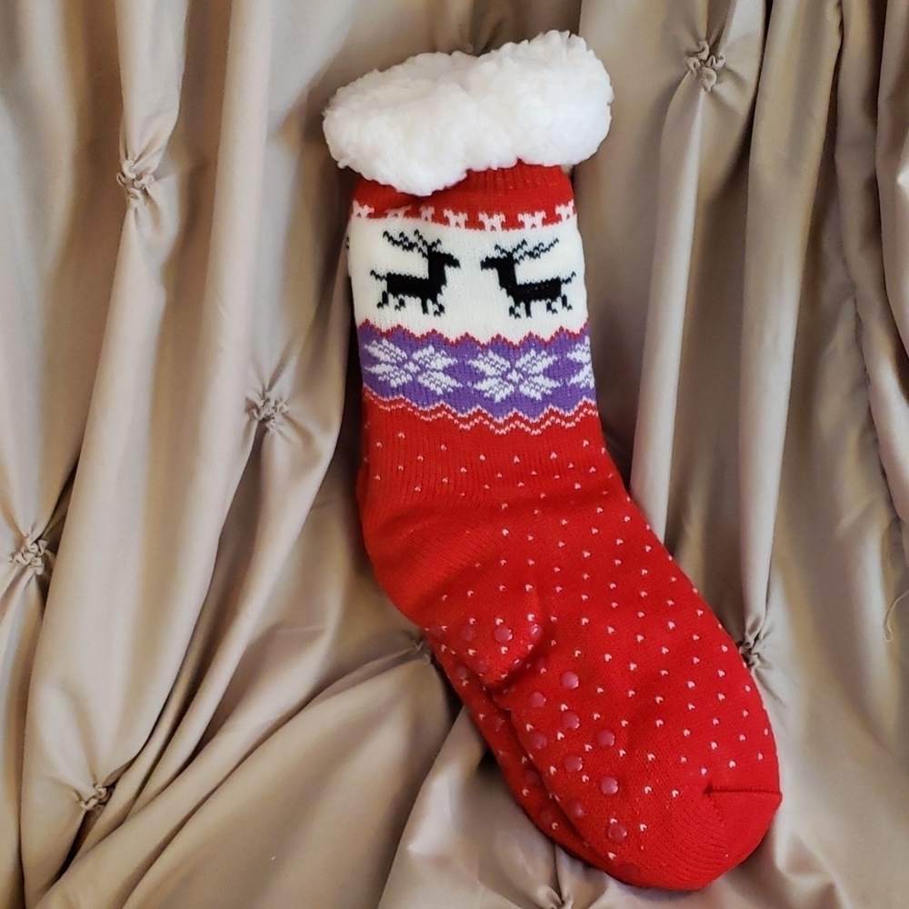 Red Faux Sherpa Knit Slipper Socks with Fairisle Deer Pattern and Traction Dots
